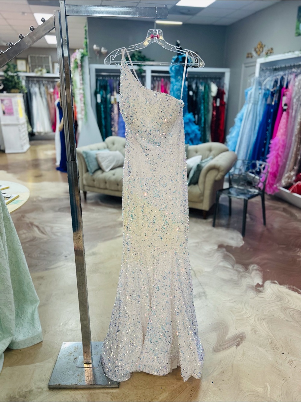 Portia and Scarlett Iridescent White One-Shoulder Sequin Prom Dress